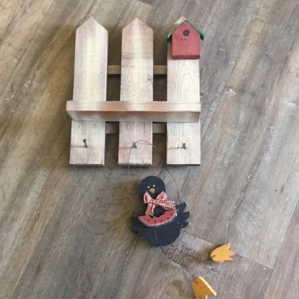 Wooden Pickett Fence Bird House Wall Art Key Holder Shelf Home Decor